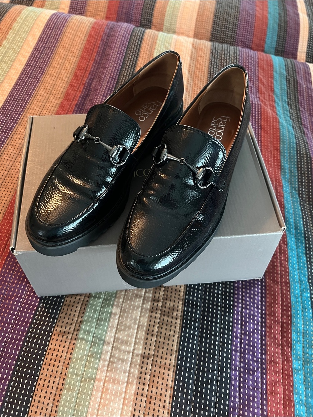 Franco Sarto Black Patent Leather Bit Loafers